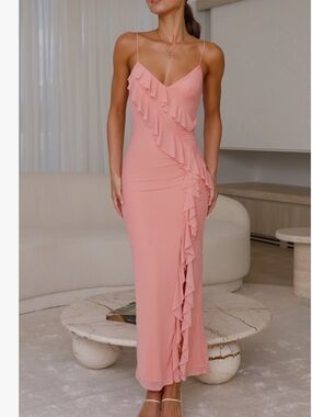 Billy J Pink Ruffle Maxi Dress with Spaghetti Straps